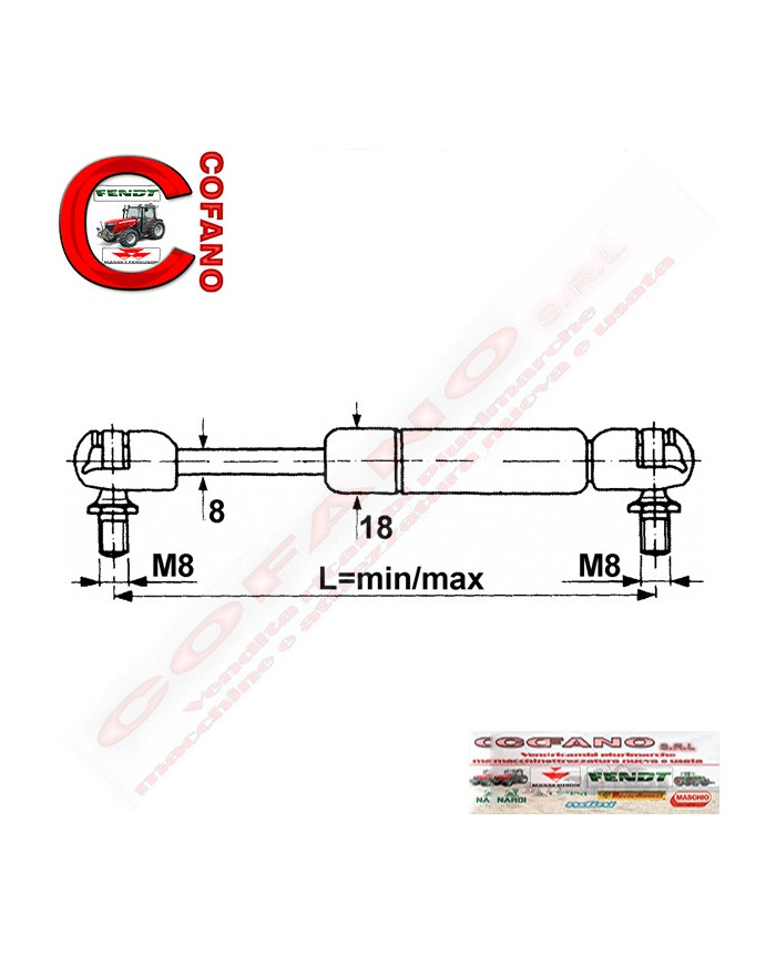 Molla a gas Lungh. min/max 180-275 mm Ø stelo 8 mm Ø cilindro 18 mm ad