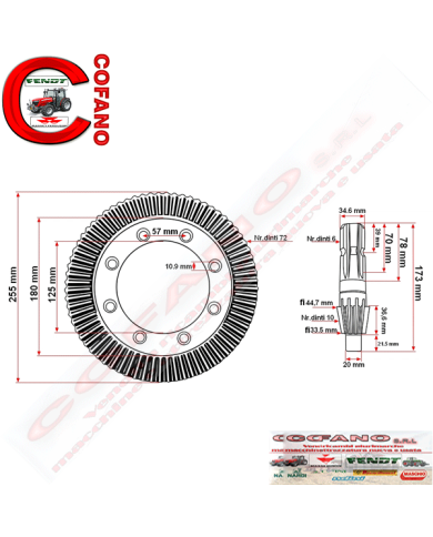 Albero pignone Z10 e Corona Z72 per giroandanatore 9 bracci Comer Albero pignone Z10 e Corona Z72 per giroandanatore 9 bracci Comer