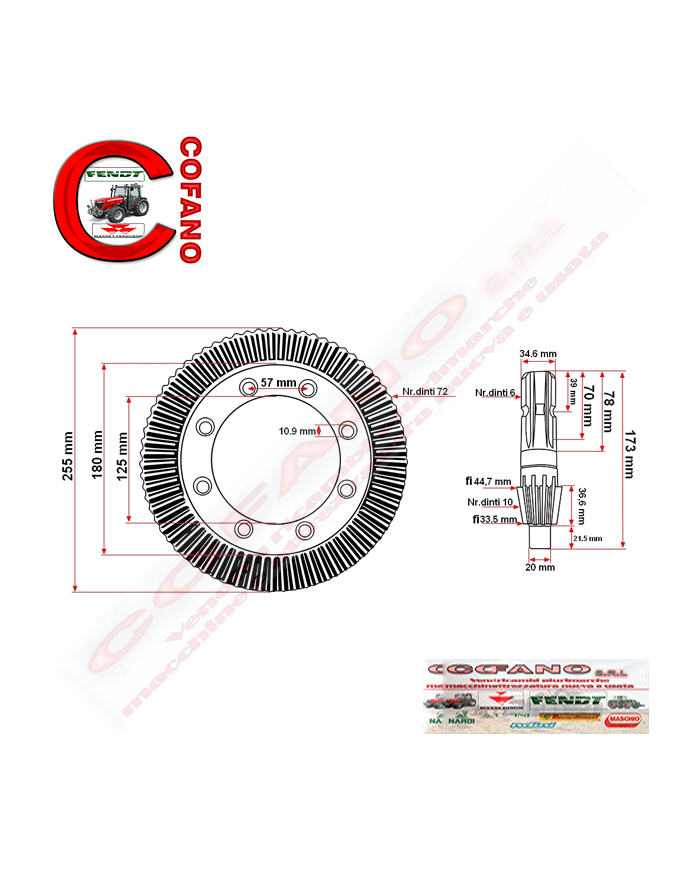 Albero pignone Z10 e Corona Z72 per giroandanatore 9 bracci Comer